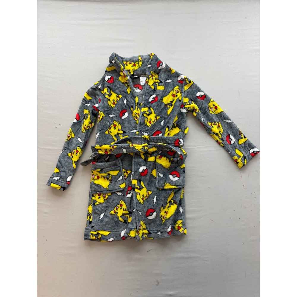 Pokemon Pikachu Boys Bathrobe Gray Fleece Robe Size 6/7 Poke Ball Print